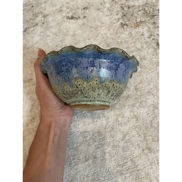 Beautiful Handmade Amber Blue Pottery Bowl Scalloped Edge - Picture 3 of 6